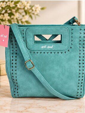 Wet Seal Turquoise Crossbody Bag Y2K Geo Cutout Faux Suede Purse Coastal Cowgirl